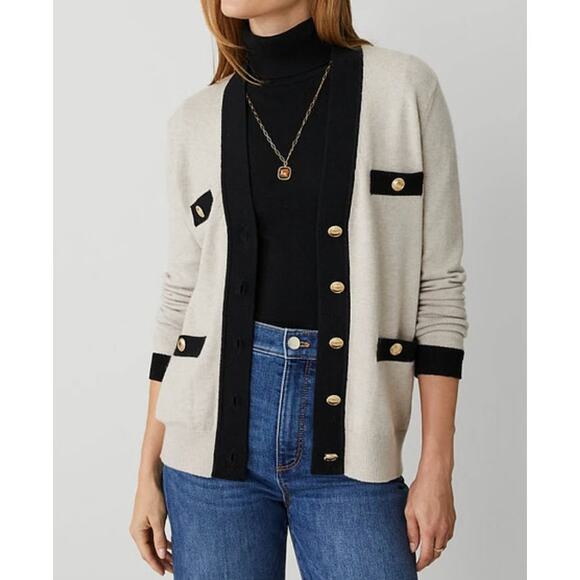 Ann Taylor NWOT Ivory and Black Boyfriend Cardigan Medium Gold Button Detail - Picture 1 of 4